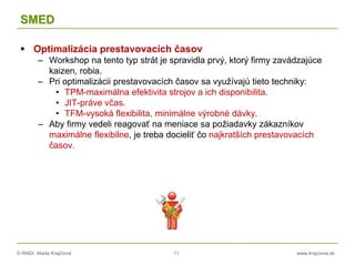 © RNDr. Marta Krajčíová 11 www.krajciova.sk
SMED
 Optimalizácia prestavovacích časov
– Workshop na tento typ strát je spravidla prvý, ktorý firmy zavádzajúce
kaizen, robia.
– Pri optimalizácii prestavovacích časov sa využívajú tieto techniky:
• TPM-maximálna efektivita strojov a ich disponibilita.
• JIT-práve včas.
• TFM-vysoká flexibilita, minimálne výrobné dávky.
– Aby firmy vedeli reagovať na meniace sa požiadavky zákazníkov
maximálne flexibilne, je treba docieliť čo najkratších prestavovacích
časov.
 