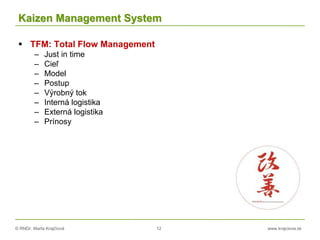 © RNDr. Marta Krajčíová 12 www.krajciova.sk
Kaizen Management System
 TFM: Total Flow Management
– Just in time
– Cieľ
– Model
– Postup
– Výrobný tok
– Interná logistika
– Externá logistika
– Prínosy
 
