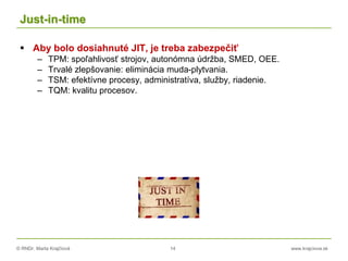 © RNDr. Marta Krajčíová 14 www.krajciova.sk
Just-in-time
 Aby bolo dosiahnuté JIT, je treba zabezpečiť
– TPM: spoľahlivosť strojov, autonómna údržba, SMED, OEE.
– Trvalé zlepšovanie: eliminácia muda-plytvania.
– TSM: efektívne procesy, administratíva, služby, riadenie.
– TQM: kvalitu procesov.
 