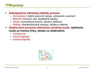 © RNDr. Marta Krajčíová 18 www.krajciova.sk
TFM-postup
 Zabezpečenie základnej stability procesu
– Zamestnanci: dobré pracovné návyky, schopnosti, presnosť.
– Materiál: minimum vad, dostatočné zásoby.
– Stroje: minimalizácia porúch, závad a odstávok.
– Metódy: štandardizované procesy, údržba a riadenie.
 Zlepšovanie procesov-eliminácia výrobnej muda, vyháňanie
muda za hranice linky, skladu na dodávateľa:
– Výrobný tok
– Interná logistika
– Externá logistika
 