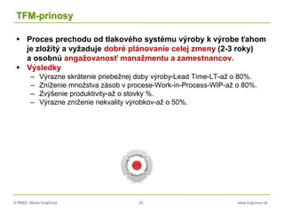 © RNDr. Marta Krajčíová 22 www.krajciova.sk
TFM-prínosy
 Proces prechodu od tlakového systému výroby k výrobe ťahom
je zložitý a vyžaduje dobré plánovanie celej zmeny (2-3 roky)
a osobnú angažovanosť manažmentu a zamestnancov.
 Výsledky
– Výrazne skrátenie priebežnej doby výroby-Lead Time-LT-až o 80%.
– Zníženie množstva zásob v procese-Work-in-Process-WIP-až o 80%.
– Zvýšenie produktivity-až o stovky %.
– Výrazne zníženie nekvality výrobkov-až o 50%.
 