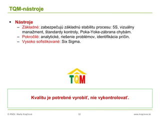 © RNDr. Marta Krajčíová 32 www.krajciova.sk
TQM-nástroje
 Nástroje
– Základné: zabezpečujú základnú stabilitu procesu: 5S, vizuálny
manažment, štandardy kontroly, Poka-Yoke-zábrana chybám.
– Pokročilé: analytické, riešenie problémov, identifikácia príčin.
– Vysoko sofistikované: Six Sigma.
Kvalitu je potrebné vyrobiť, nie vykontrolovať.
 