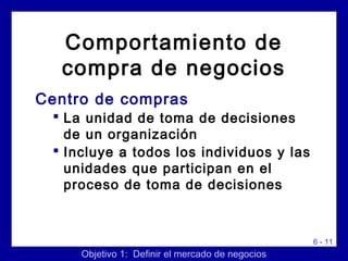 6 - 11
Centro de compras
 La unidad de toma de decisiones
de un organización
 Incluye a todos los individuos y las
unidades que participan en el
proceso de toma de decisiones
Objetivo 1: Definir el mercado de negocios
Comportamiento de
compra de negocios
 