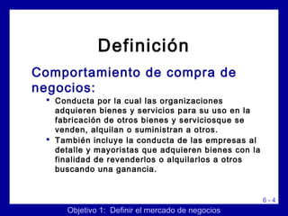 6 - 4
Definición
Comportamiento de compra de
negocios:
 Conducta por la cual las organizaciones
adquieren bienes y servicios para su uso en la
fabricación de otros bienes y serviciosque se
venden, alquilan o suministran a otros.
 También incluye la conducta de las empresas al
detalle y mayoristas que adquieren bienes con la
finalidad de revenderlos o alquilarlos a otros
buscando una ganancia.
Objetivo 1: Definir el mercado de negocios
 