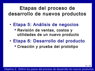 9 - 10
• Etapa 5: Análisis de negocios
 Revisión de ventas, costos y
utilidades de un nuevo producto
• Etapa 6: Desarrollo del producto
 Creación y prueba del prototipo
Etapas del proceso de
desarrollo de nuevos productos
Objetivo 2: Definir los pasos del proceso de desarrollo de nuevos productos
 