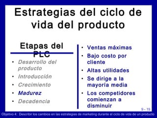 9 - 19
• Ventas máximas
• Bajo costo por
cliente
• Altas utilidades
• Se dirige a la
mayoría media
• Los competidores
comienzan a
disminuir
Objetivo 4: Describir los cambios en las estrategias de marketing durante el ciclo de vida de un producto
• Desarrollo del
producto
• Introducción
• Crecimiento
• Madurez
• Decadencia
Etapas delEtapas del
PLCPLC
Estrategias del ciclo de
vida del producto
 