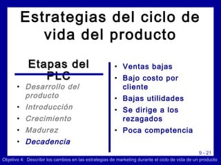 9 - 21
• Ventas bajas
• Bajo costo por
cliente
• Bajas utilidades
• Se dirige a los
rezagados
• Poca competencia
Objetivo 4: Describir los cambios en las estrategias de marketing durante el ciclo de vida de un producto
• Desarrollo del
producto
• Introducción
• Crecimiento
• Madurez
• Decadencia
Etapas delEtapas del
PLCPLC
Estrategias del ciclo de
vida del producto
 