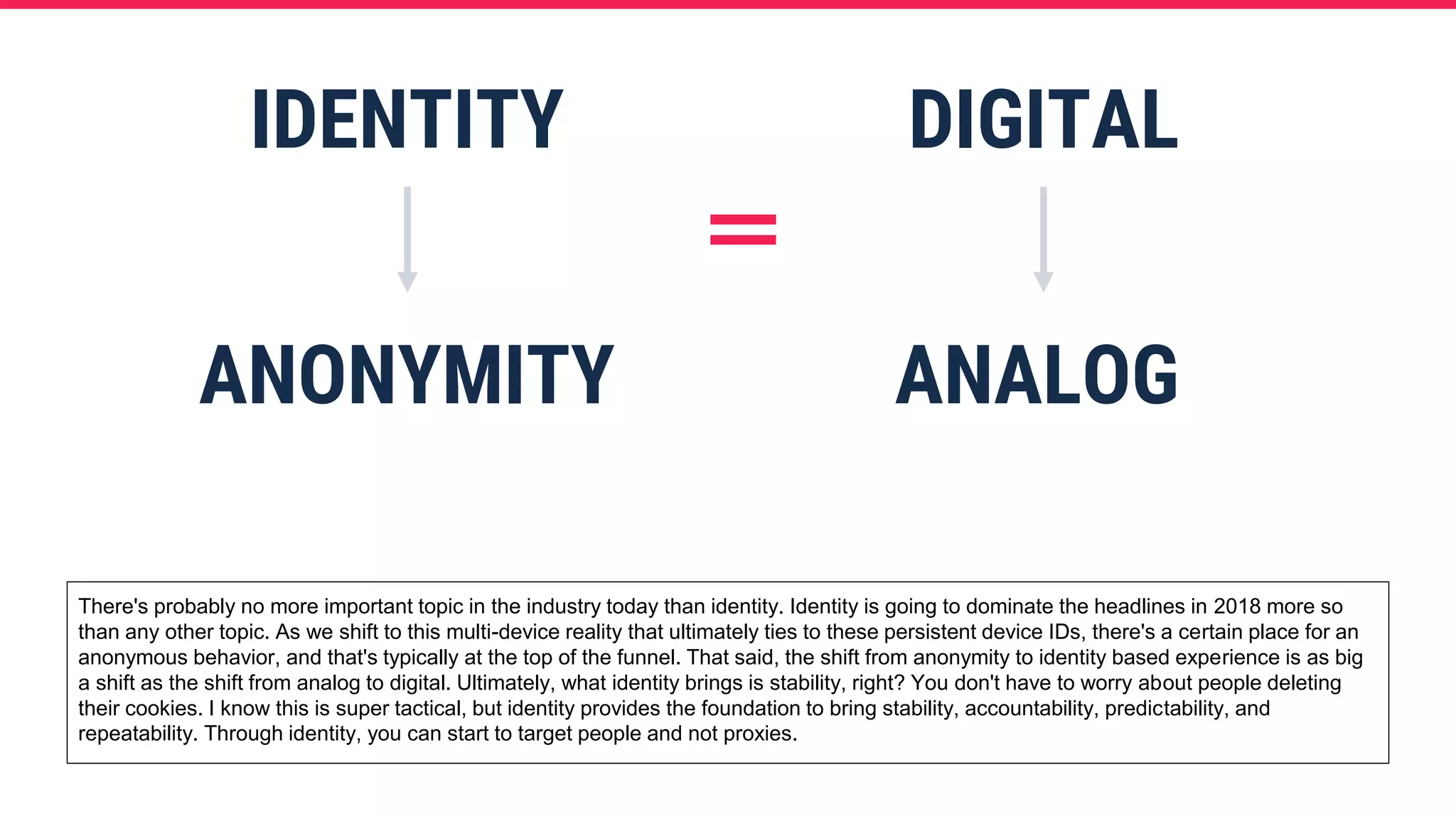 IDENTITY
ANONYMITY
DIGITAL
ANALOG
There's probably no more important topic in the industry today than identity. Identity is going to dominate the headlines in 2018 more so
than any other topic. As we shift to this multi-device reality that ultimately ties to these persistent device IDs, there's a certain place for an
anonymous behavior, and that's typically at the top of the funnel. That said, the shift from anonymity to identity based experience is as big
a shift as the shift from analog to digital. Ultimately, what identity brings is stability, right? You don't have to worry about people deleting
their cookies. I know this is super tactical, but identity provides the foundation to bring stability, accountability, predictability, and
repeatability. Through identity, you can start to target people and not proxies.
 