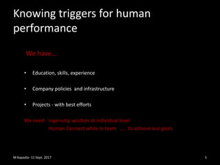 Knowing triggers for human
performance
We have…
• Education, skills, experience
• Company policies and infrastructure
• Pr...