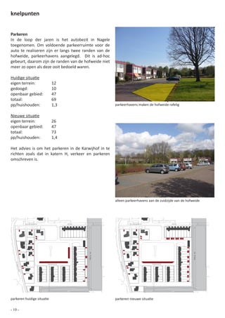 knelpunten


Parkeren
In de loop der jaren is het autobezit in Nagele
toegenomen. Om voldoende parkeerruimte voor de
auto te realiseren zijn er langs twee randen van de
hofweide, parkeerhavens aangelegd. Dit is ad-hoc
gebeurt, daarom zijn de randen van de hofweide niet
meer zo open als deze ooit bedoeld waren.

Huidige situatie
eigen terrein:              12
gedoogd:                    10
openbaar gebied:            47
totaal:                     69
pp/huishouden:              1,3                                            parkeerhavens maken de hofweide rafelig


Nieuwe situatie
eigen terrein:              26
openbaar gebied:            47
totaal:                     73
pp/huishouden:              1,4

Het advies is om het parkeren in de Karwijhof in te
richten zoals dat in katern H, verkeer en parkeren
omschreven is.




                                                                           alleen parkeerhavens aan de zuidzijde van de hofweide




           Zuiderpoort               Ring                                              Zuiderpoort               Ring
                                                          de Klamp




                                                                                                                                      de Klamp
   Ploe




                                                                             Ploe




                         Karwijhof                                                                   Karwijhof
    gstr




                                                                              gstr
     aat




                                                                                at a




parkeren huidige situatie            0   10 20 30 40 50              100   parkeren nieuwe situatie              0   10 20 30 40 50              100




- 10 -
 