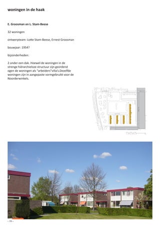 woningen in de haak


E. Groosman en L. Stam-Beese

32 woningen

ontwerpteam: Lotte Stam-Beese, Ernest Groosman

bouwjaar: 1954?

bijzonderheden:

2 onder een dak. Hoewel de woningen in de
strenge hiërarchieloze structuur zijn geordend
ogen de woningen als “arbeiders”villa’s.Dezelfde
woningen zijn in aangepaste vormgebruikt voor de
Noorderwinkels.


                                                           Zuiderpoort               Ring




                                                                                                          de Klamp
                                                   Ploe




                                                                         Karwijhof
                                                    gstr
                                                     aat




                                                                                     0   10 20 30 40 50              100




- 16 -
 
