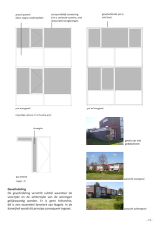 procel paneel                        oorspronkelijk zonwering                     gevelvullende pui is
     kleur nog te onderzoeken             d.m.v. verticale screens, met                van hout.
                                          restauratie terugbrengen




     pui voorgevel                                                        pui achtergevel

     zorgvuldige opbouw en verhouding gevel




                       draadglas




                                                                                                              gevels zijn vlak
                                                                                                              gedetailleerd




      pui entree
                                                                                                              aanzicht voorgevel
      negge = 0


Gevelindeling
De gevelindeling verschilt subtiel waardoor de
voorzijde en de achterzijde van de woningen
gelijkwaardig worden. Er is geen hiërarchie,
dit is een essentieel kenmerk van Nagele. In de
Karwijhof wordt dit principe consequent ingezet.                                                              aanzicht achtergevel



                                                                                                                                     - 19 -
 