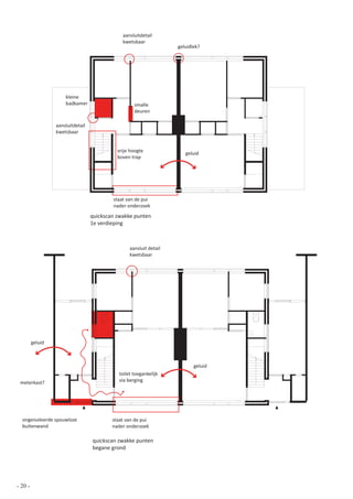 aansluitdetail
                                               kwetsbaar
                                                                     geluidlek?




                      kleine
                      badkamer                       smalle
                                                     deuren

                  aansluitdetail
                  kwetsbaar


                                             vrije hoogte               geluid
                                             boven trap




                                           staat van de pui
                                           nader onderzoek
                                   quickscan zwakke punten
                                   1e verdieping



                                                   aansluit detail
                                                   kwetsbaar




         geluid



                                                                            geluid
                                              toilet toegankelijk
 meterkast?                                   via berging




  ongeisoleerde spouwloze                  staat van de pui
  buitenwand                               nader onderzoek

                                   quickscan zwakke punten
                                   begane grond




- 20 -
 