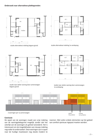 Onderzoek naar alternatieve platttegronden




                                                                                 sk 1
                   wk

                                                                                    ba
       berging

                                                                                 sk 2
                        keuken




      studie alternatieve indeling begane grond             studie alternatieve indeling 1e verdieping




                                                                                sk 3            sk 2     sk 1


                                                   keuken                  ba

                                    wk
      berging
                                                                                 sk 5            sk 4
                    atelier




     studie naar atelier woning door samenvoegen                studie naar atelier woning door samenvoegen
     begane grond                                               1e verdieping




   2 woningen per rij samenvoegen                                                        atelier         woning
                                                                                         50 m2 BVO       142 m2 BVO

Conclusie
De opzet van de woningen maakt een vrije indeling noemen. Wel zullen enkele elementen op het gebied
van de woningplattegrond mogelijk zonder dat het van comfort opnieuw ingepast moeten worden.
uiterlijk van de woningen als geheel veranderd. Het is
interessant om de mogelijkheden van nieuwe indeling
nog nader te onderzoeken. Deze woningen zijn in opzet
naar de huidige maatstaven nog steeds modern te
                                                                                                                      - 21 -
 