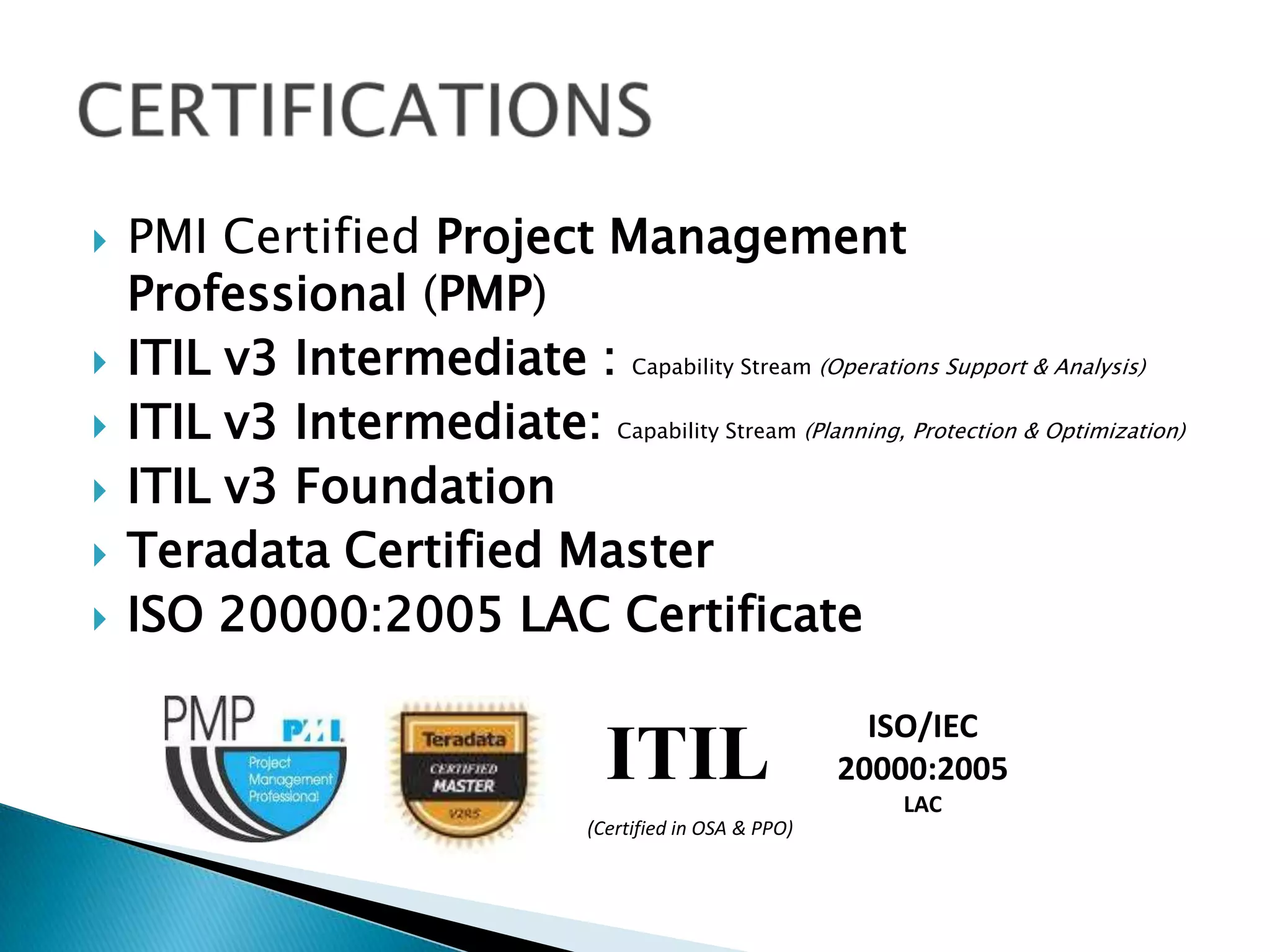 








PMI Certified Project Management
Professional (PMP)
ITIL v3 Intermediate : Capability Stream (Operations Support & Analysis)
ITIL v3 Intermediate: Capability Stream (Planning, Protection & Optimization)
ITIL v3 Foundation
Teradata Certified Master
ISO 20000:2005 LAC Certificate

ITIL
(Certified in OSA & PPO)

ISO/IEC
20000:2005
LAC

 