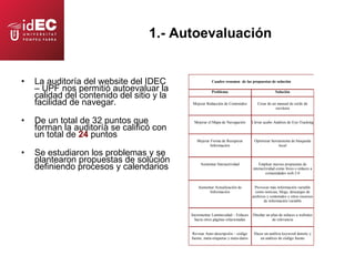 1.- Autoevaluación La auditoría del website del IDEC – UPF nos permitió autoevaluar la calidad del contenido del sitio y la facilidad de navegar.  De un total de 32 puntos que forman la auditoría se calificó con un total de  24  puntos Se estudiaron los problemas y se plantearon propuestas de solución definiendo procesos y calendarios 
