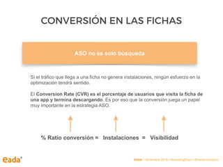 Si el tráfico que llega a una ficha no genera instalaciones, ningún esfuerzo en la
optimización tendrá sentido.
El Conversion Rate (CVR) es el porcentaje de usuarios que visita la ficha de
una app y termina descargando. Es por eso que la conversión juega un papel
muy importante en la estrategia ASO.
% Ratio conversión = Instalaciones = Visibilidad
CONVERSIÓN EN LAS FICHAS
ASO no es solo búsqueda
EADA • Diciembre 2018 • MarketingDays • @IsaSanchezIbor
 