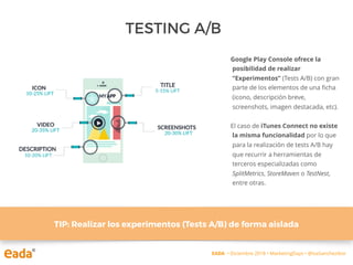 Google Play Console ofrece la
posibilidad de realizar
“Experimentos” (Tests A/B) con gran
parte de los elementos de una ficha
(icono, descripción breve,
screenshots, imagen destacada, etc).
El caso de iTunes Connect no existe
la misma funcionalidad por lo que
para la realización de tests A/B hay
que recurrir a herramientas de
terceros especializadas como
SplitMetrics, StoreMaven o TestNest,
entre otras.
TESTING A/B
TIP: Realizar los experimentos (Tests A/B) de forma aislada
EADA • Diciembre 2018 • MarketingDays • @IsaSanchezIbor
 
