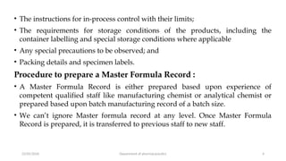 Documentation in Pharmaceutical Industry: Master Formula Record and ...