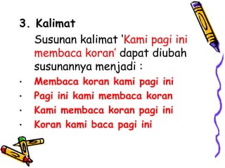 3. Kalimat
   Susunan kalimat „Kami pagi ini
   membaca koran‟ dapat diubah
   susunannya menjadi :
•   Membaca koran kami pagi ini
•   Pagi ini kami membaca koran
•   Kami membaca koran pagi ini
•   Koran kami baca pagi ini
 