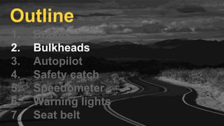 1. Brakes
2. Bulkheads
3. Autopilot
4. Safety catch
5. Speedometer
6. Warning lights
7. Seat belt
Outline
 