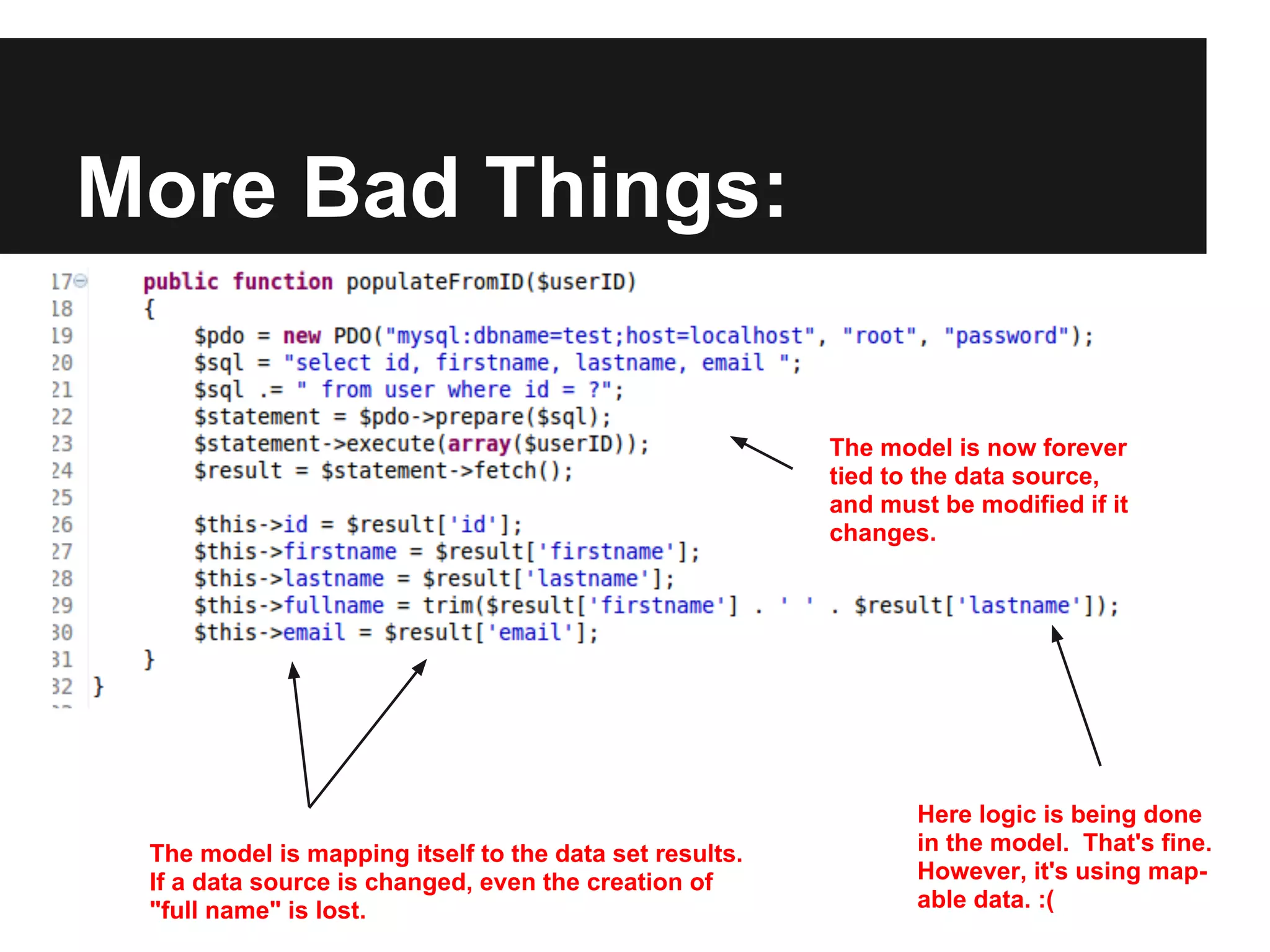 More Bad Things:

                                                        The model is now forever
                                                        tied to the data source,
                                                        and must be modified if it
                                                        changes.




                                                               Here logic is being done
 The model is mapping itself to the data set results.          in the model. That's fine.
 If a data source is changed, even the creation of             However, it's using map-
 "full name" is lost.                                          able data. :(
 