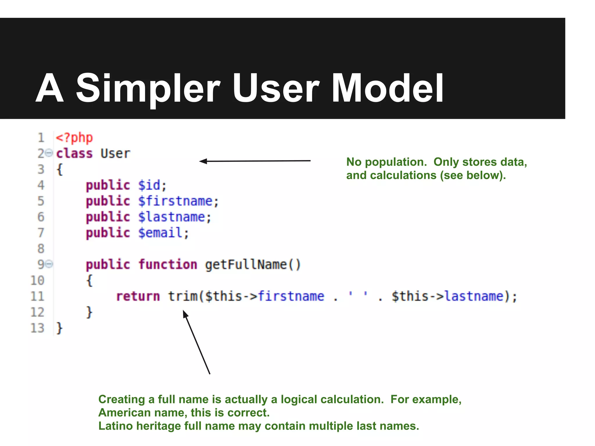 A Simpler User Model
                                                 No population. Only stores data,
                                                 and calculations (see below).




   Creating a full name is actually a logical calculation. For example,
   American name, this is correct.
   Latino heritage full name may contain multiple last names.
 