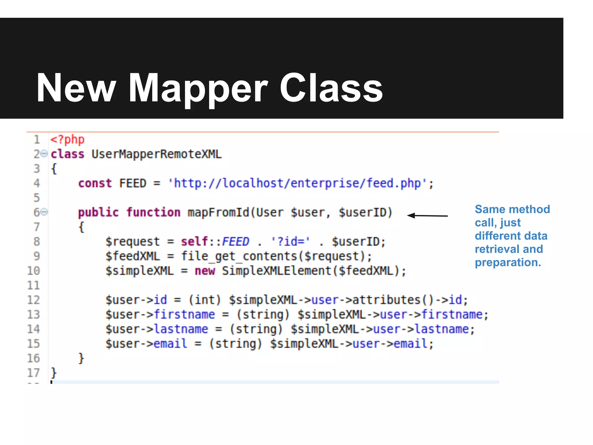 New Mapper Class

                   Same method
                   call, just
                   different data
                   retrieval and
                   preparation.
 