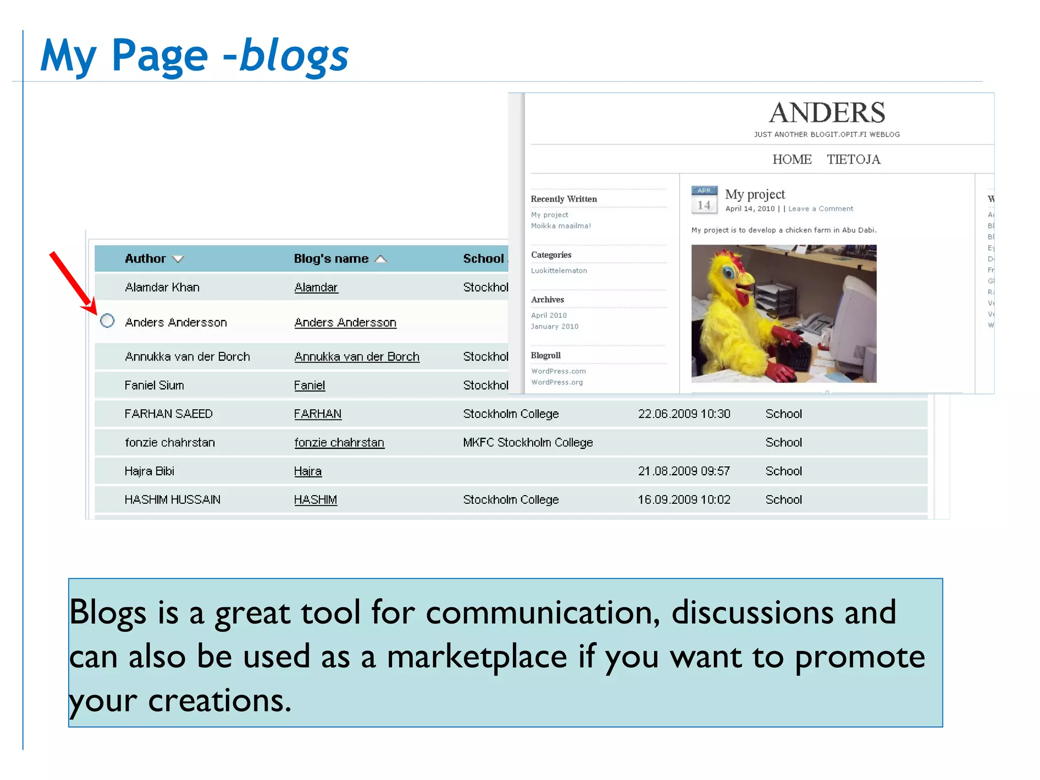 Blogs is a great tool for communication, discussions and can also be used as a marketplace if you want to promote your creations.  My Page – blogs 