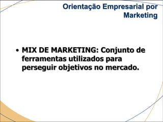 Orientação Empresarial por
                           Marketing



• MIX DE MARKETING: Conjunto de
  ferramentas utilizados para
  perseguir objetivos no mercado.
 