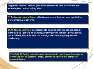 Segundo James Culliton (1948) os elementos que interferem nas
orientações de marketing são:


1) As forças do ambiente: clientes e consumidores; intermediários;
concorrentes e governo.



2) As forças Internas: planejamento do produto; fixação de preço;
distribuição (gestão de canais); promoção de vendas; propaganda,
publicidade; força de vendas; serviço ao cliente e pesquisa de
marketing.




  Em 1960, McCarthy resumiu esses elementos do marketing mix no que se
  conhece por 4 Ps (produto, praça,, promoção e preço) ou, composto
  mercadológico.
 
