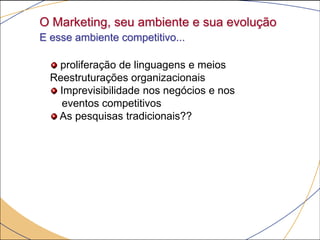 O Marketing, seu ambiente e sua evolução
E esse ambiente competitivo...

   proliferação de linguagens e meios
  Reestruturações organizacionais
   Imprevisibilidade nos negócios e nos
    eventos competitivos
   As pesquisas tradicionais??
 