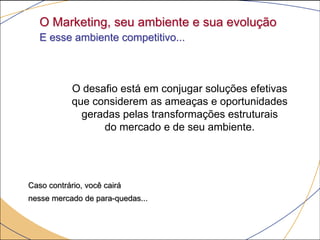 O Marketing, seu ambiente e sua evolução
   E esse ambiente competitivo...



            O desafio está em conjugar soluções efetivas
            que considerem as ameaças e oportunidades
              geradas pelas transformações estruturais
                  do mercado e de seu ambiente.




Caso contrário, você cairá
nesse mercado de para-quedas...
 