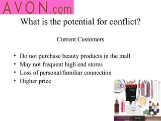 What is the potential for conflict?
                  Current Customers

•   Do not purchase beauty products in the mall
•   May not frequent high end stores
•   Loss of personal/familiar connection
•   Higher price
 