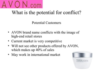 What is the potential for conflict?
               Potential Customers

• AVON brand name conflicts with the image of
  high-end retail stores
• Current market is very competitive
• Will not see other products offered by AVON,
  which makes up 40% of sales
• May work in international market
 