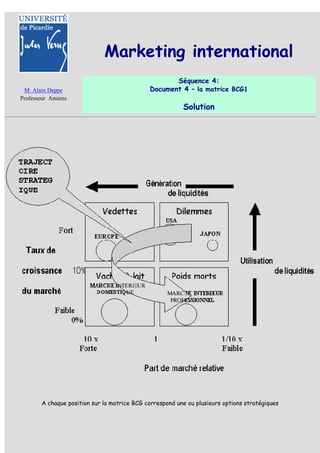 Marketing international
                                                    Séquence 4:
 M. Alain Deppe                              Document 4 – la matrice BCG1
Professeur Amiens
                                                         Solution




       A chaque position sur la matrice BCG correspond une ou plusieurs options stratégiques
 