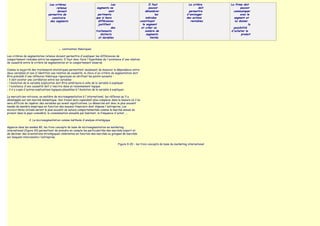 Les critères                                     Les                             Il faut                     Le critère      La firme doit
                                      retenus                         segments ne                                 pouvoir                             doit            pouvoir
                                       doivent                                  sont                           dénombrer                      permettre         communiquer
                                permettre de                           pertinents                                      les                   d'envisager              avec le
                                   construire                        que si leurs                              individus                     des actions        segment et
                                 des segments                          différences                         constituant                         rentables         lui donner
                                                                       justifient                            le segment                                                     la
                                                                                  des                       et créer un                                         possibilité
                                                                     traitements                               nombre de                                      d'acheter le
                                                                         distincts                              segments                                               produit
                                                                       et durables                                 limités



                                        ■   contraintes théoriques

Les critères de segmentation retenus doivent permettre d'expliquer les différences de
comportement relevées entre les segments. Il faut donc faire l'hypothèse de l'existence d'une relation
de causalité entre le critère de segmentation et le comportement observé.

Comme la majorité des traitements statistiques permettent seulement de mesurer la dépendance entre
deux variables et non d'identifier une relation de causalité, le choix d'un critère de segmentation doit
être précédé d'une réflexion théorique rigoureuse en vérifiant les points suivants :
- il doit exister une corrélation entre les variables
- l'évolution de la variable explicative doit être antérieure à celle de la variable à expliquer
- l'existence d'une causalité doit s'inscrire dans un raisonnement logique
- il n'y a pas d'autres explications logiques plausibles à l'évolution de la variable à expliquer.

Le mercaticien retrouve, en matière de microsegmentation à l'international, les réflexes qu'il a
développés sur son marché domestique. Son travail sera cependant plus complexe dans la mesure où il lui
sera difficile de repérer des variables qui soient significatives. La démarche est donc le plus souvent
menée de manière empirique en fonction des moyens financiers dont dispose l'entreprise. Les
microcritères utilisés seront le plus souvent de nature comportementale comme le marché annuel du
produit dans le pays considéré, la consommation annuelle par habitant, la fréquence d'achat, ...

                 2. La microsegmentation comme méthode d'analyse stratégique

Apparus dans les années 80, les trois concepts de base de microsegmentation en marketing
international (figure 20) permettent de prendre en compte les particularités des marchés export et
de décliner des orientations stratégiques cohérentes en fonction des marchés ou groupes de marchés
sur lesquels interviendra l'entreprise.

                                                                                        Figure 4-20 - les trois concepts de base du marketing international
 