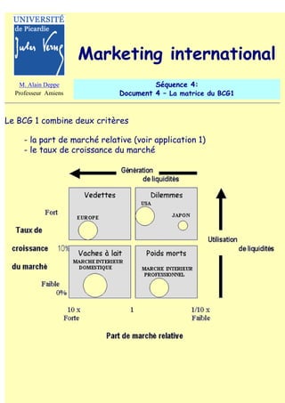 Marketing international
   M. Alain Deppe                      Séquence 4:
  Professeur Amiens           Document 4 – La matrice du BCG1


Le BCG 1 combine deux critères

     - la part de marché relative (voir application 1)
     - le taux de croissance du marché
 