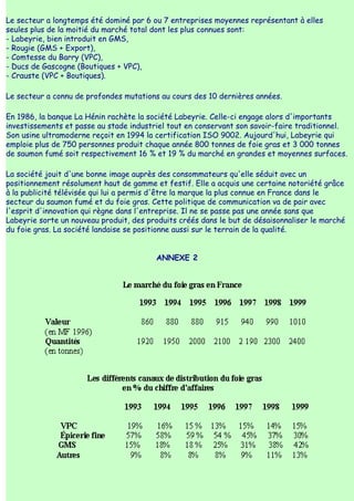 Le secteur a longtemps été dominé par 6 ou 7 entreprises moyennes représentant à elles
seules plus de la moitié du marché total dont les plus connues sont:
- Labeyrie, bien introduit en GMS,
- Rougie (GMS + Export),
- Comtesse du Barry (VPC),
- Ducs de Gascogne (Boutiques + VPC),
- Crauste (VPC + Boutiques).

Le secteur a connu de profondes mutations au cours des 10 dernières années.

En 1986, la banque La Hénin rachète la société Labeyrie. Celle-ci engage alors d'importants
investissements et passe au stade industriel tout en conservant son savoir-faire traditionnel.
Son usine ultramoderne reçoit en 1994 la certification ISO 9002. Aujourd'hui, Labeyrie qui
emploie plus de 750 personnes produit chaque année 800 tonnes de foie gras et 3 000 tonnes
de saumon fumé soit respectivement 16 % et 19 % du marché en grandes et moyennes surfaces.

La société jouit d'une bonne image auprès des consommateurs qu'elle séduit avec un
positionnement résolument haut de gamme et festif. Elle a acquis une certaine notoriété grâce
à la publicité télévisée qui lui a permis d'être la marque la plus connue en France dans le
secteur du saumon fumé et du foie gras. Cette politique de communication va de pair avec
l'esprit d'innovation qui règne dans l'entreprise. Il ne se passe pas une année sans que
Labeyrie sorte un nouveau produit, des produits créés dans le but de désaisonnaliser le marché
du foie gras. La société landaise se positionne aussi sur le terrain de la qualité.


                                         ANNEXE 2
 