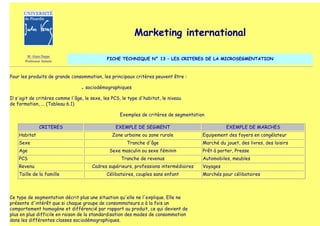 Marketing international

        M. Alain Deppe
       Professeur Amiens
                                              FICHE TECHNIQUE N° 13 – LES CRITERES DE LA MICROSEGMENTATION



Pour les produits de grande consommation, les principaux critères peuvent être :

                                  ■   sociodémographiques

Il s'agit de critères comme l'âge, le sexe, les PCS, le type d'habitat, le niveau
de formation, ... (Tableau 6.1)

                                                    Exemples de critères de segmentation

               CRITERES                           EXEMPLE DE SEGMENT                               EXEMPLE DE MARCHES
    Habitat                                      Zone urbaine ou zone rurale            Equipement des foyers en congélateur
    Sexe                                               Tranche d'âge                    Marché du jouet, des livres, des loisirs
    Age                                        Sexe masculin ou sexe féminin            Prêt à porter, Presse
    PCS                                             Tranche de revenus                  Automobiles, meubles
    Revenu                              Cadres supérieurs, professions intermédiaires   Voyages
    Taille de la famille                      Célibataires, couples sans enfant         Marchés pour célibataires



Ce type de segmentation décrit plus une situation qu'elle ne l'explique. Elle ne
présente d'intérêt que si chaque groupe de consommateurs a à la fois un
comportement homogène et différencié par rapport au produit, ce qui devient de
plus en plus difficile en raison de la standardisation des modes de consommation
dans les différentes classes sociodémographiques.
 