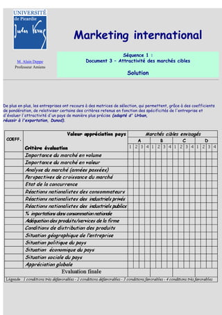 Marketing international
                                                           Séquence 1 :
       M. Alain Deppe                       Document 3 – Attractivité des marchés cibles
      Professeur Amiens
                                                                  Solution




De plus en plus, les entreprises ont recours à des matrices de sélection, qui permettent, grâce à des coefficients
de pondération, de relativiser certains des critères retenus en fonction des spécificités de l'entreprise et
d'évaluer l'attractivité d'un pays de manière plus précise (adapté d' Urban,
réussir à l'exportation, Dunod).
 