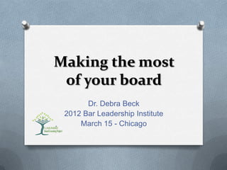 Making the most
 of your board
       Dr. Debra Beck
 2012 Bar Leadership Institute
     March 15 - Chicago
 