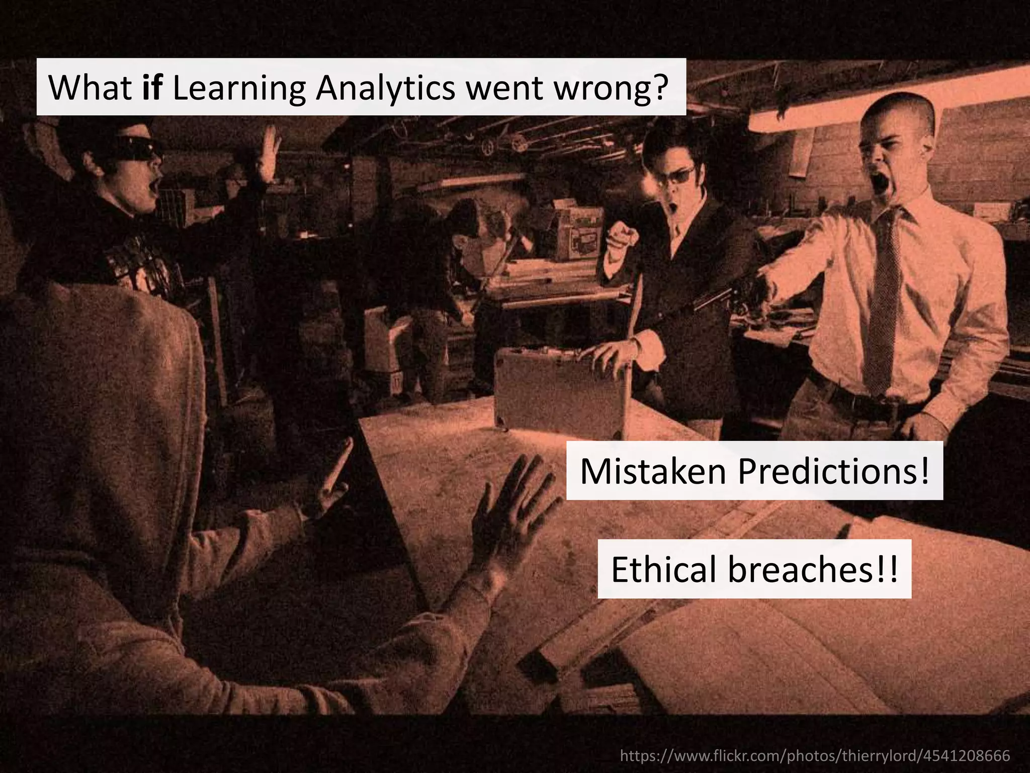 What if Learning Analytics went wrong?
https://www.flickr.com/photos/thierrylord/4541208666
Mistaken Predictions!
Ethical breaches!!