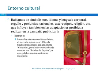 Entorno cultural
117

         Hablamos de simbolismos, idioma y lenguaje corporal,
          orgullo y prejuicios nacionales, estereotipos, religión, etc.
          que influyen también en las adaptaciones posibles a
          realizar en la campaña publicitaria
             Ejemplo:
                 Loewe lanzó una colección de bolsos                                          en
                  el mercado japonés, en 1996, a la                                  que
                  bautizó inicialmente con el nombre                                   de
                  “Chinchón”, pero hubo que cambiarle                                     el
                  nombre por “Árboles de España”, ya                                 que la
                  otra palabra sonaba a miembro                                   sexual
                  masculino




                                Mª Dolores Martínez Cortizas @lolymc   11/12/12
 