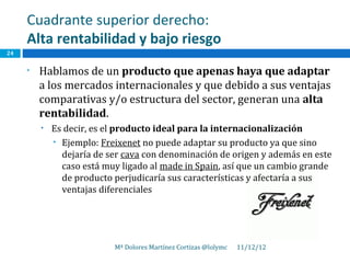 Cuadrante superior derecho:
     Alta rentabilidad y bajo riesgo
24

     •   Hablamos de un producto que apenas haya que adaptar
         a los mercados internacionales y que debido a sus ventajas
         comparativas y/o estructura del sector, generan una alta
         rentabilidad.
         •   Es decir, es el producto ideal para la internacionalización
             • Ejemplo: Freixenet no puede adaptar su producto ya que sino
               dejaría de ser cava con denominación de origen y además en este
               caso está muy ligado al made in Spain, así que un cambio grande
               de producto perjudicaría sus características y afectaría a sus
               ventajas diferenciales




                           Mª Dolores Martínez Cortizas @lolymc   11/12/12
 