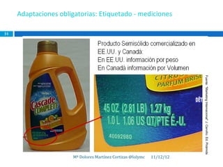 Adaptaciones obligatorias: Etiquetado - mediciones

31




                                                                         Fuente: “Marketing Internacional” J. Cerviño. Ed. Pirámide
                       Mª Dolores Martínez Cortizas @lolymc   11/12/12
 