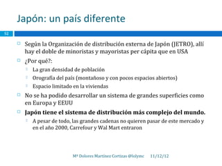 Japón: un país diferente
52

        Según la Organización de distribución externa de Japón (JETRO), allí
         hay el doble de minoristas y mayoristas per cápita que en USA
        ¿Por qué?:
            La gran densidad de población
            Orografía del país (montañoso y con pocos espacios abiertos)
            Espacio limitado en la viviendas
        No se ha podido desarrollar un sistema de grandes superficies como
         en Europa y EEUU
        Japón tiene el sistema de distribución más complejo del mundo.
            A pesar de todo, las grandes cadenas no quieren pasar de este mercado y
             en el año 2000, Carrefour y Wal Mart entraron




                             Mª Dolores Martínez Cortizas @lolymc   11/12/12
 