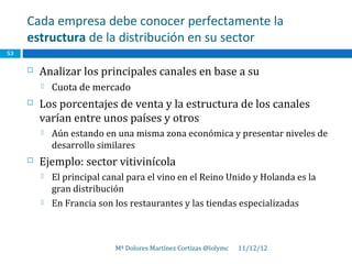 Cada empresa debe conocer perfectamente la
     estructura de la distribución en su sector
53

        Analizar los principales canales en base a su
            Cuota de mercado
        Los porcentajes de venta y la estructura de los canales
         varían entre unos países y otros
            Aún estando en una misma zona económica y presentar niveles de
             desarrollo similares
        Ejemplo: sector vitivinícola
            El principal canal para el vino en el Reino Unido y Holanda es la
             gran distribución
            En Francia son los restaurantes y las tiendas especializadas



                            Mª Dolores Martínez Cortizas @lolymc   11/12/12
 