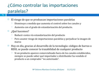 ¿Cómo controlar las importaciones
     paralelas?
72

        El riesgo de que se produzcan importaciones paralelas
            Disminuye a medida que aumenta el control sobre los canales y
            Aumenta con el grado de estandarización del producto.
        ¿Qué hacemos?
            Reducir costes vía estandarización del producto
            Pero asumir riesgo de importaciones paralelas y perjudicar la imagen de
             marca
        Hoy en día, gracias al desarrollo de la tecnología: códigos de barras o
         RDSI, se puede conocer la trazabilidad de cualquier producto
            Si un producto aparece comercializado fuera de los canales establecidos,
             siempre se puede saber qué importador o distribuidor ha vendido el
             producto a un comprador “no autorizado”.



                             Mª Dolores Martínez Cortizas @lolymc   11/12/12
 