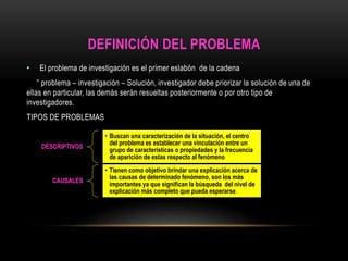 DEFINICIÓN DEL PROBLEMA 
• El problema de investigación es el primer eslabón de la cadena 
“ problema – investigación – Solución, investigador debe priorizar la solución de una de 
ellas en particular, las demás serán resueltas posteriormente o por otro tipo de 
investigadores. 
TIPOS DE PROBLEMAS 
DESCRIPTIVOS 
• Buscan una caracterización de la situación, el centro 
del problema es establecer una vinculación entre un 
grupo de características o propiedades y la frecuencia 
de aparición de estas respecto al fenómeno 
CAUSALES 
• Tienen como objetivo brindar una explicación acerca de 
las causas de determinado fenómeno, son los más 
importantes ya que significan la búsqueda del nivel de 
explicación más completo que pueda esperarse. 
 